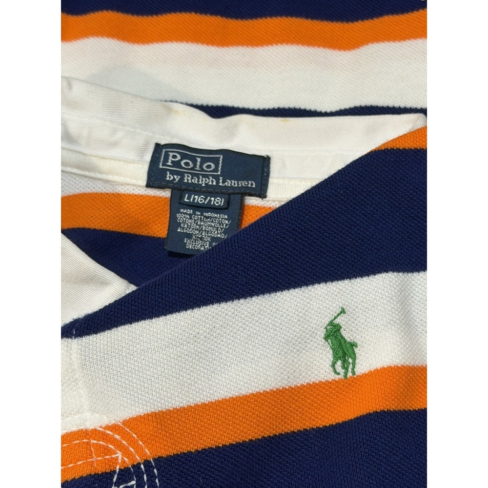 POLO RALPH LAUREN Boy Sz L (14-16) orange navy Striped Short Sleeve Polo Shirt